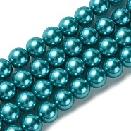 Eco-Friendly Glass Pearl Beads Strands, Grade A, Round, Dyed, Cotton Cord Threaded, Deep Sky Blue, 14mm, Hole: 1.2~1.5mm, about 30pcs/strand, 15.7 inch(HY-A008-14mm-RB073)