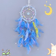Woven Web/Net with Feather Decorations, with Iron Ring, for Home Bedroom Hanging Decorations, Flower, Dodger Blue, 580mm(PW-WG13259-02)