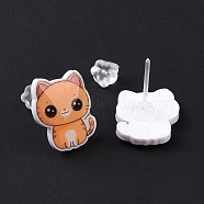 Acrylic Cat Stud Earrings with Platic Pins for Women, Sandy Brown, 14x12~12.5mm, Pin: 1mm(EJEW-F293-04D)