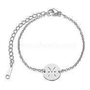 201 Stainless Steel Link Bracelets, with Cable Chains and Lobster Claw Clasps, Flat Round with Constellation, Pisces, 6 inch~6-3/4 inch(15~17.5cm), 1.5mm(STAS-T040-JN009-12)
