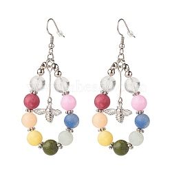 Natural Mixed Gemstone Braided Teardrop Dangle Earrings with Brass Bee Charms, 304 Stainless Steel Wire Wrap Big Drop Earrings for Women, 73mm, Pin: 0.6mm(EJEW-JE04951-03)