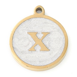 Ion Plating(IP) 201 Stainless Steel Pendants, with White Enamel, Real 18K Gold Plated, Flat Round with Letter, Letter X, 18.5x15.5x2mm, Hole: 1.6mm(STAS-K288-02G-X)