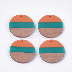 Tri-color Resin & Walnut Wood Pendants, Flat Round, Orange, 28x3.5mm, Hole: 2mm(X-RESI-S358-78E)