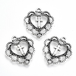 Tibetan Style Alloy Pendants, Crosslet Heart Pendants, Lead Free & Cadmium Free, Heart with Cross, Antique Silver, 21.5x20x3mm, Hole: 1.4mm, about 330pcs/500g(TIBE-S323-059AS-RS)