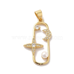 Rack Plating Brass Micro Pave Cubic Zirconia Pendants, with Pearl, Cadmium Free & Lead Free, Long-Lasting Plated, Real 18K Gold Plated, Rectangle with Moon and Star, Clear, 27.5x16x5mm, Hole: 4.6x3.5mm(KK-A160-07G)