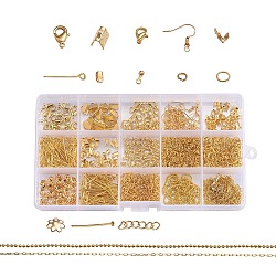 Metal Jewelry Findings Kits, with Iron Head /Eye Pins, Folding Crimp Ends, Bead Tips Knot Covers/Ribbon Ends/Twist Chain Extensions, Alloy Lobster Claw Clasps, Brass Chains and Earring Hooks, Golden, 6~22x1~7mm(FIND-YW0001-05G)