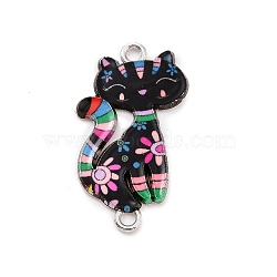 Alloy Enamel Connector Charms, Cat with Flower Pattern, Black, 28.5x15x1.5mm, Hole: 1.5mm(ENAM-M055-36P-02)