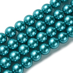 Eco-Friendly Glass Pearl Beads Strands, Grade A, Round, Dyed, Cotton Cord Threaded, Deep Sky Blue, 14mm, Hole: 1.2~1.5mm, about 30pcs/strand, 15.7 inch(HY-A008-14mm-RB073)