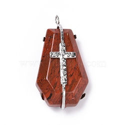 Natural Red Jasper Pendants, Polygon Charm, with Stainless Steel Color Cross 304 Stainless Steel Findings, 38x19.5x9.5mm, Hole: 2.5mm(G-C246-01D-P)