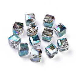 Full Rainbow Plated Crystal Glass Cube Beads, Faceted, Teal, 12.6x13.8x10~11mm, Hole: 1.8mm(X-EGLA-F023-B05)