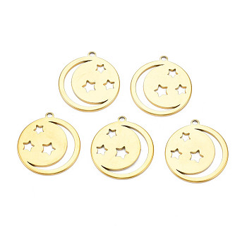 Ion Plating(IP) 201 Stainless Steel Pendants, Flat Round with Star & Moon, Nickel Free, Real 18K Gold Plated, 25.5x23x1.5mm, Hole: 1.8mm
