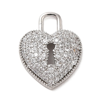 Brass Micro Pave Clear Cubic Zirconia Pendants, Long-Lasting Plated, Heart, Platinum, 18x14x4mm, Hole: 4x3mm