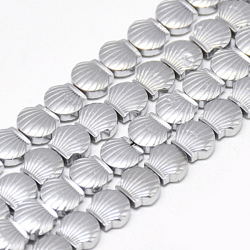 Electroplate Non-magnetic Synthetic Hematite Beads Strands, Scallop/Shell, Platinum Plated, 8x9x4mm, Hole: 1mm, about 49pcs/strand, 15.7 inch