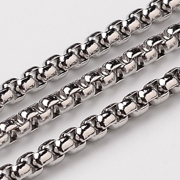 304 Stainless Steel Box Chains, with Spool, Unwelded, Stainless Steel Color, 2.5x2.5mm, about 32.8 Feet(10m)/roll