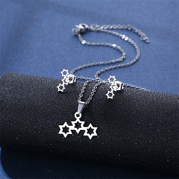 304 Stainless Steel Pendant Necklace & Stud Earring, Stainless Steel Color, Star, 450mm