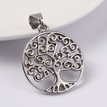 316 Surgical Stainless Steel Pendants, Tree of Life, Stainless Steel Color, 35x31x3mm, Hole: 7x12mm