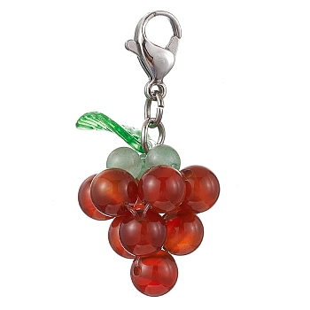 Grape Natural Carnelian Pendant Decoration, 304 Stainless Steel Lobster Claw Clasps Charms for Bag Ornaments, 38.5mm