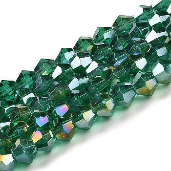 Transparent Electroplate Glass Beads Strands, AB Color Plated, Faceted, Bicone, Teal, 6x6mm, Hole: 1mm, about 45~47pcs/strand, 9.65~9.84 inch(24.5~25cm)