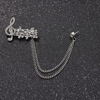 British Style Alloy Crystal Rhinestone Hanging Chain Brooch, Platinum, Musical Note, 140mm