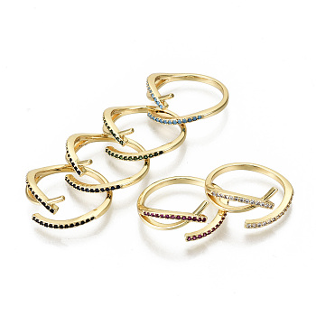 Brass Micro Pave Cubic Zirconia Cuff Finger Rings, Open Rings, Real 18K Gold Plated, Nickel Free, Mixed Color, US Size 6 3/4, Inner Diameter: 17mm