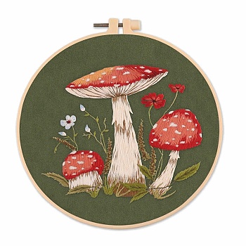 Mushroom Pattern Embroidery Starter Kits, including Embroidery Fabric & Thread, Needle, Embroidery Hoop, Instruction Sheet, Dark Olive Green, 1mm, 11 colors