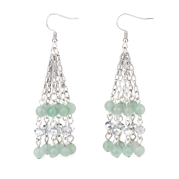 Natural Green Aventurine Tassels Dangle Earrings, with Brass Earring Hooks, 304 Stainless Steel Chains and Electroplate Glass Beads, Round, Platinum, 80mm, Pin: 0.7mm