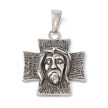 Tibetan Style 304 Stainless Steel Pendants, Religion Cross with Jesus Charm, Antique Silver, 33x28.5x7mm, Hole: 9.5x4mm