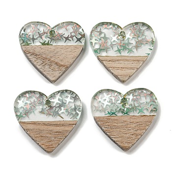 Wooden Pendants, Resin and Gold Foil, Heart, Dark Sea Green, 24x25x4mm, Hole: 2mm