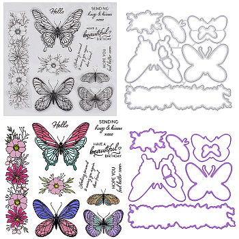 1Pc PVC Plastic Clear Stamps, with 1Pc Carbon Steel Cutting Dies Stencils, Butterfly Pattern, Stamps: 154x152x2.7mm; Stencils: 127x131x0.9mm