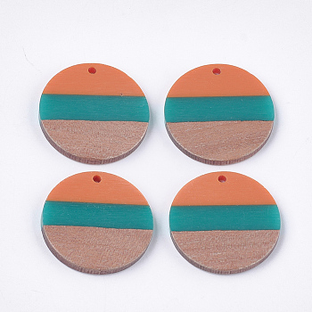 Tri-color Resin & Walnut Wood Pendants, Flat Round, Orange, 28x3.5mm, Hole: 2mm
