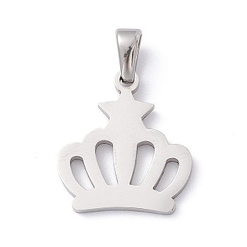 304 Stainless Steel Pendants, Laser Cut, Crown Charms, Stainless Steel Color, 18x16x1.5mm, Hole: 2.5x4.5mm