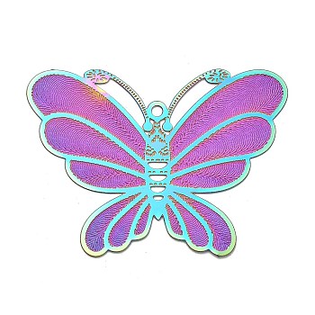 304 Stainless Steel Pendants, Etched Metal Embellishments, Butterfly Charm, Rainbow Color, 30.5x41x0.3mm, Hole: 1.6mm