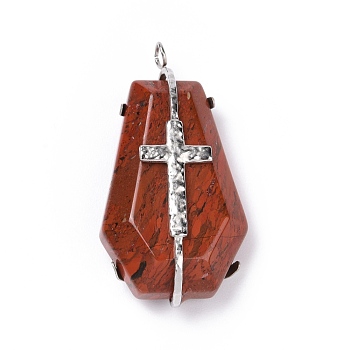 Natural Red Jasper Pendants, Polygon Charm, with Stainless Steel Color Cross 304 Stainless Steel Findings, 38x19.5x9.5mm, Hole: 2.5mm