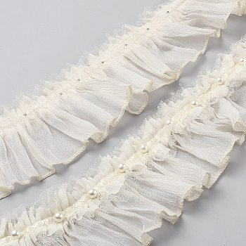 Ruffled Polyester Lace Ribbon, for Clothes Accessories, White, 3-3/8 inch(85mm)