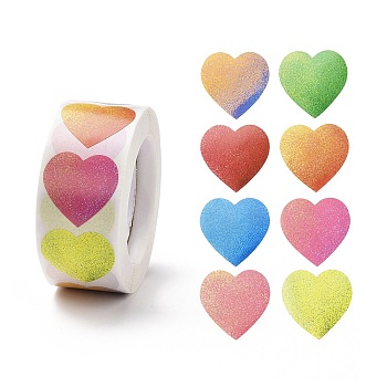 Valentine's Day Heart Paper Stickers, Glittered Gradient Color Adhesive Labels Roll Stickers, Gift Tag, for Envelopes, Party, Presents Decoration, None Pattern, 25x24x0.1mm, 500pcs/roll