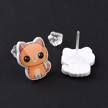 Acrylic Cat Stud Earrings with Platic Pins for Women, Sandy Brown, 14x12~12.5mm, Pin: 1mm