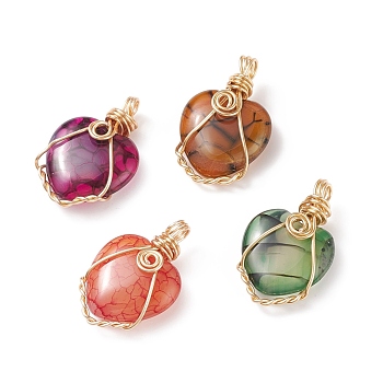 Natural Agate Pendants, Dyed, Golden Tone Copper Wire Wrapped Heart Charms, Mixed Color, 30.5x20x8mm, Hole: 4mm