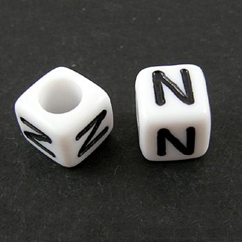 Letter Acrylic European Beads, Horizontal Hole, Cube, Letter.N, 10x10x10mm, Hole: 3.5~4mm, about 598pcs/500g
