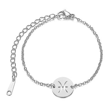 201 Stainless Steel Link Bracelets, with Cable Chains and Lobster Claw Clasps, Flat Round with Constellation, Pisces, 6 inch~6-3/4 inch(15~17.5cm), 1.5mm