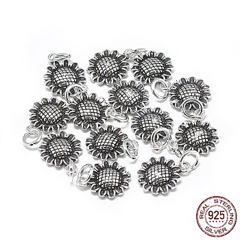 Thailand 925 Sterling Silver Charms, with Jump Ring, Sunflower, Antique Silver, 14x11x2.5mm, Hole: 4mm