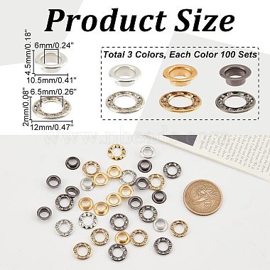 300 Sets 3 Colors Brass Rhinestone Grommet Eyelet Findings(DIY-NB0007-68)-2