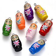 Spray Painted Maple Wood Pendants, Printed, with Iron Findings, Doll, Mixed Color, 38~39x18mm, Hole: 2mm(X-WOOD-N005-07)