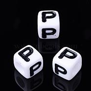 Letter Acrylic Beads, Cube, White, Letter P, Size: about 7mm wide, 7mm long, 7mm high, hole: 3.5mm, about 2000pcs/500g(PL37C9129-P)