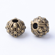 Tibetan Style Alloy Beads, Round with Flower, Cadmium Free & Nickel Free & Lead Free, Antique Bronze, 11x8~8.5mm, Hole: 3mm(X-TIBE-Q063-117AB-NR)