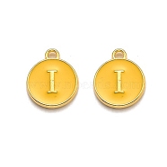 Golden Plated Alloy Enamel Charms, Enamelled Sequins, Flat Round with Alphabet, Letter.I, Yellow, 14x12x2mm, Hole: 1.5mm(X-ENAM-Q437-13I)