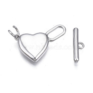 Brass Toggle Clasps, Nickel Free, Heart, Platinum, 25mm long, Bar: 15x4.5x2.5mm, hole: 1.4mm, Jump Ring: 5x1mm, Inner Diameter: 3mm, Heart: 20X14X3mm, Hole: 1.2mm and 3x7mm(KK-T063-103P-NF)