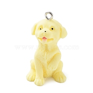 Opaque Resin Dog Pendants, 3D Puppy Charms with Platinum Plated Iron Loops, Champagne Yellow, 31x17.5x18mm, Hole: 1.8mm(RESI-P033-A06)