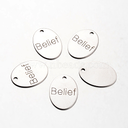 Spray Painted Stainless Steel Pendants, Oval with Word Belief, Stainless Steel Color, 30x22x1mm, Hole: 3mm(STAS-I048-L21)