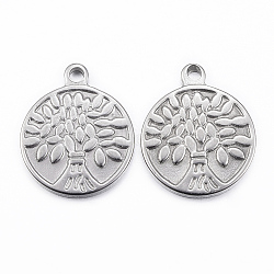 304 Stainless Steel Pendants, Flat Round with Tree of Life, Stainless Steel Color, 19.5x16x2mm, Hole: 2mm(STAS-H400-37P)