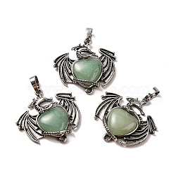 Natural Green Aventurine Heart Pendants, Dragon Charms, with Rack Plating Antique Silver Plated Brass Findings, Lead Free & Cadmium Free, 33x33.5~34x7~7.5mm, Hole: 8x5mm(KK-K331-01AS-09)